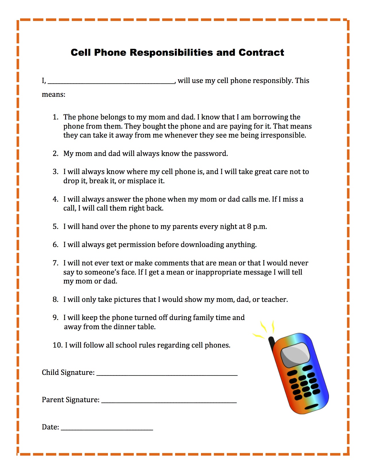 Free Printable Child Cell Phone Contract