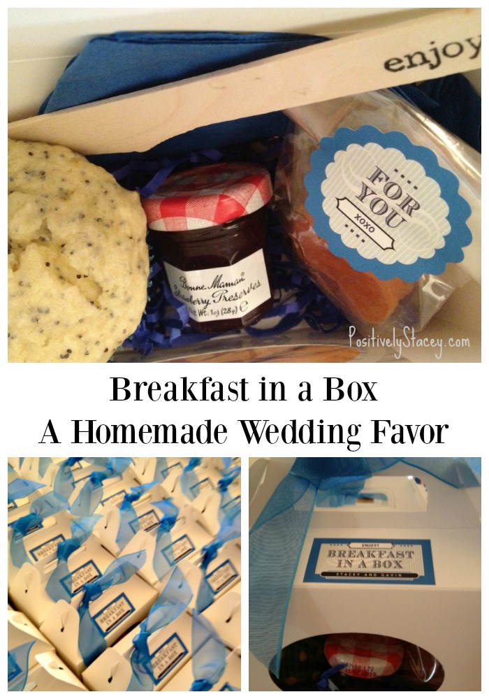 Breakfast in a Box - A homemade wedding favor includes a lemon poppyseed muffin, mini jars of jam, dried fruit, a knife, and napkin to keep everything neat.