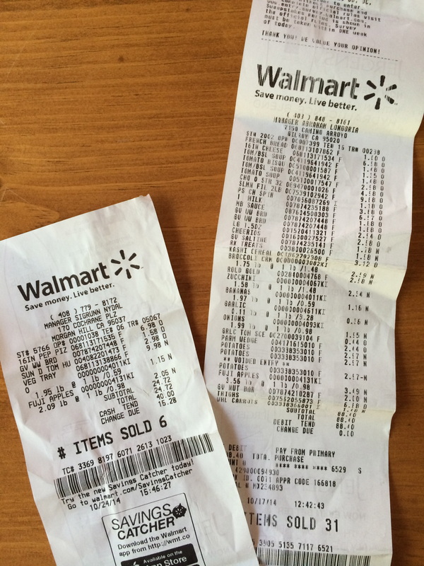 Two shopping trips: $88.40 and $24.72 plus $5.00 for a ham steak from the freezer equals $118.12 for the week.
