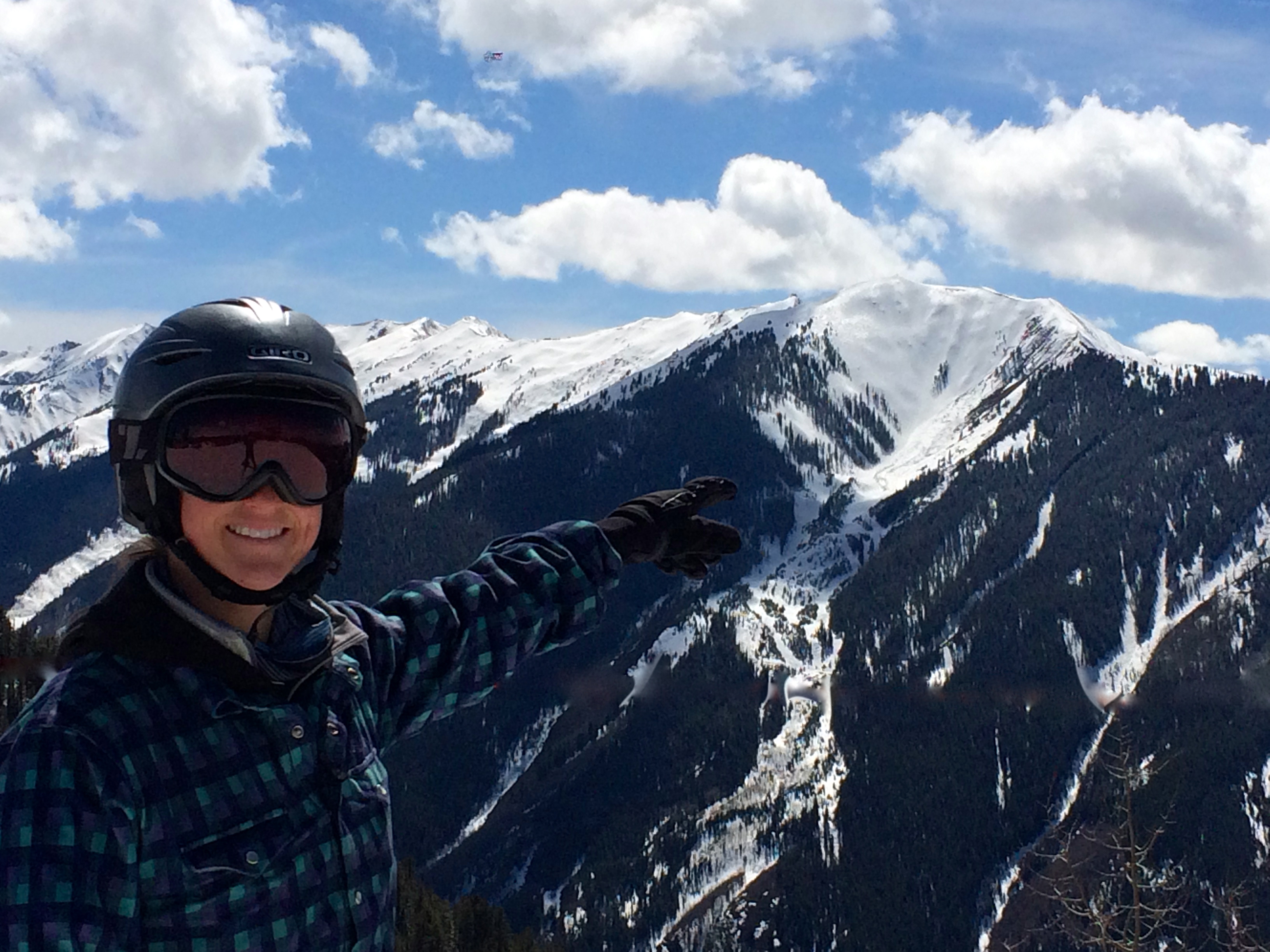 Alyssa pointing out Highlands Bowl across the way when I skied with her in Aspen last spring.