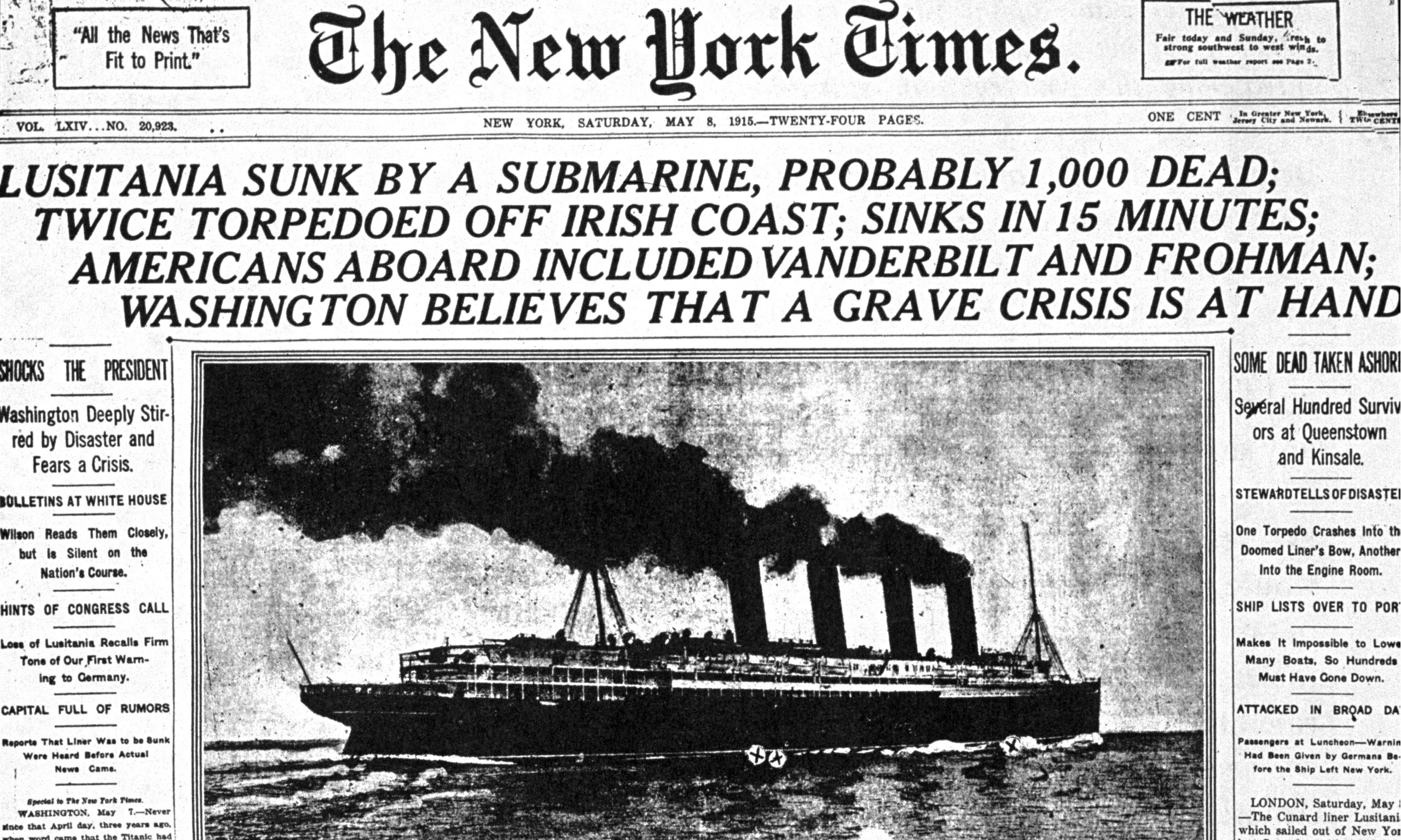 New York Times front page about the Lusitania