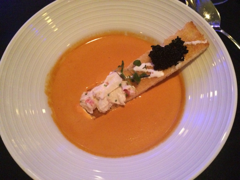 Lobster Bisque Soup with Lobster crostini, caviar, and crème fraîche