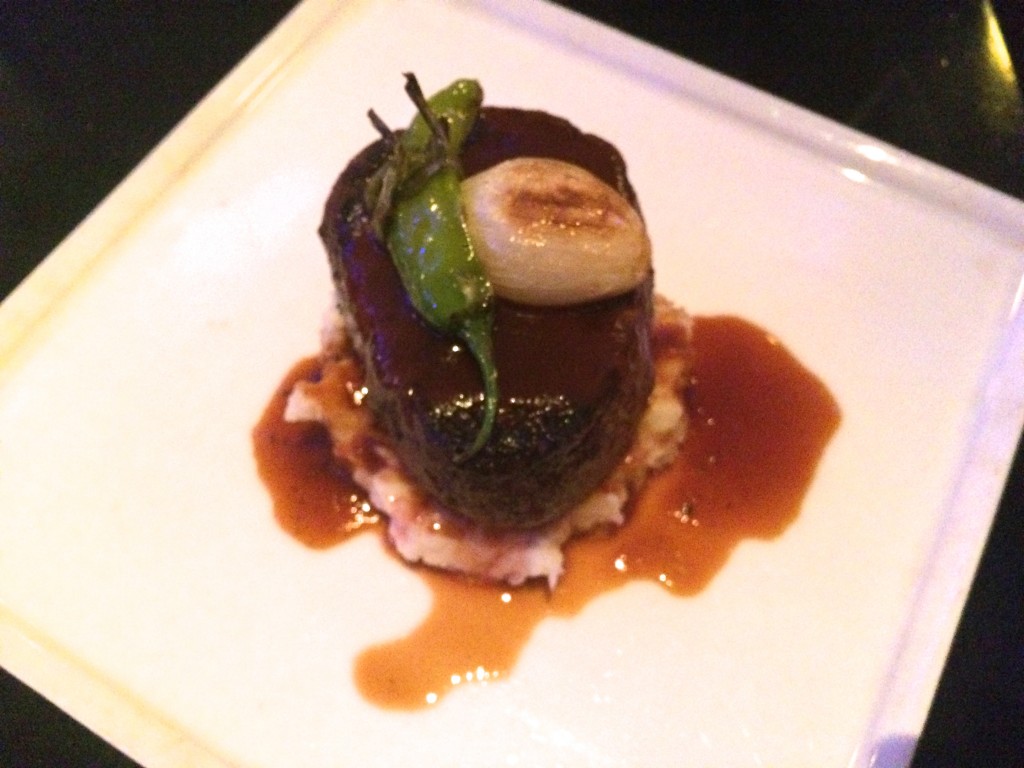 Filet Mignon ~  Mesquite charcoal grilled, shishito peppers, grilled onions, mashed potato