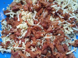 Mix bacon, cheese, dressing mix.