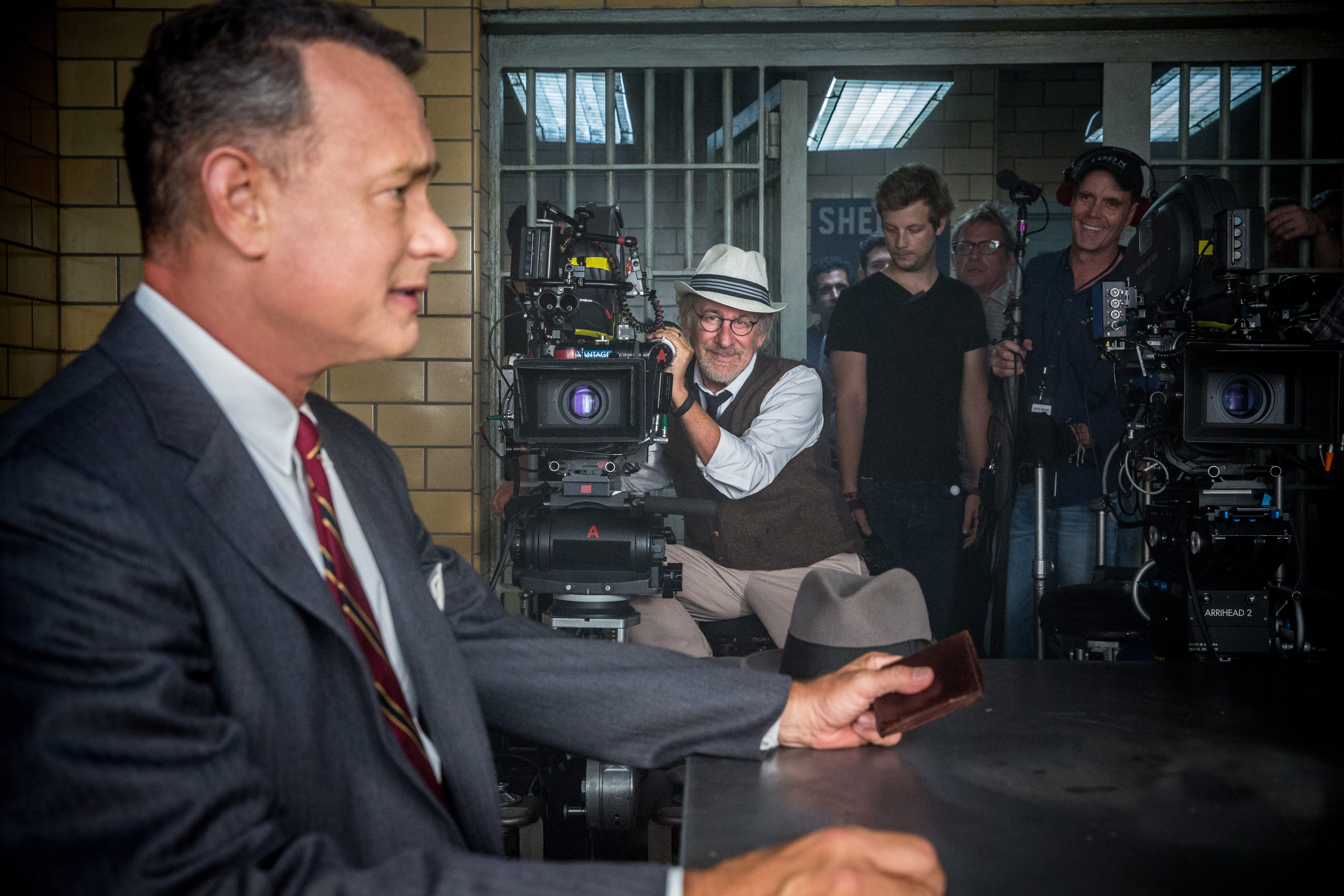 Director Steven Spielberg with Tom Hanks on the set of DreamWorks Pictures/Fox 2000 Pictures' dramatic thriller BRIDGE OF SPIES.