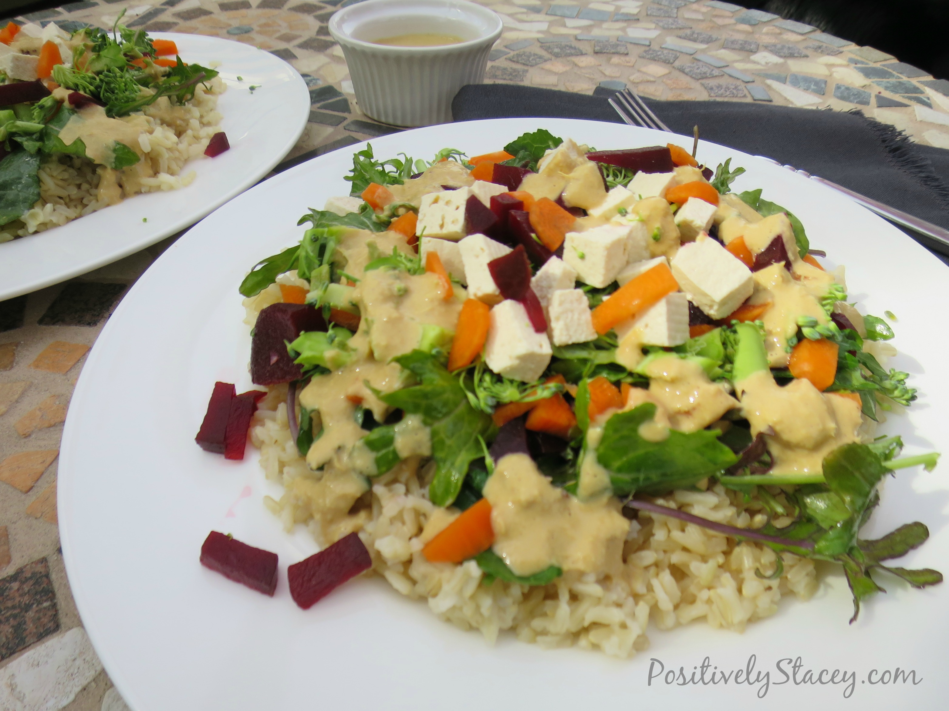 Colorful Veggie Filled Brown Rice with Ginger-Lemon Dressing