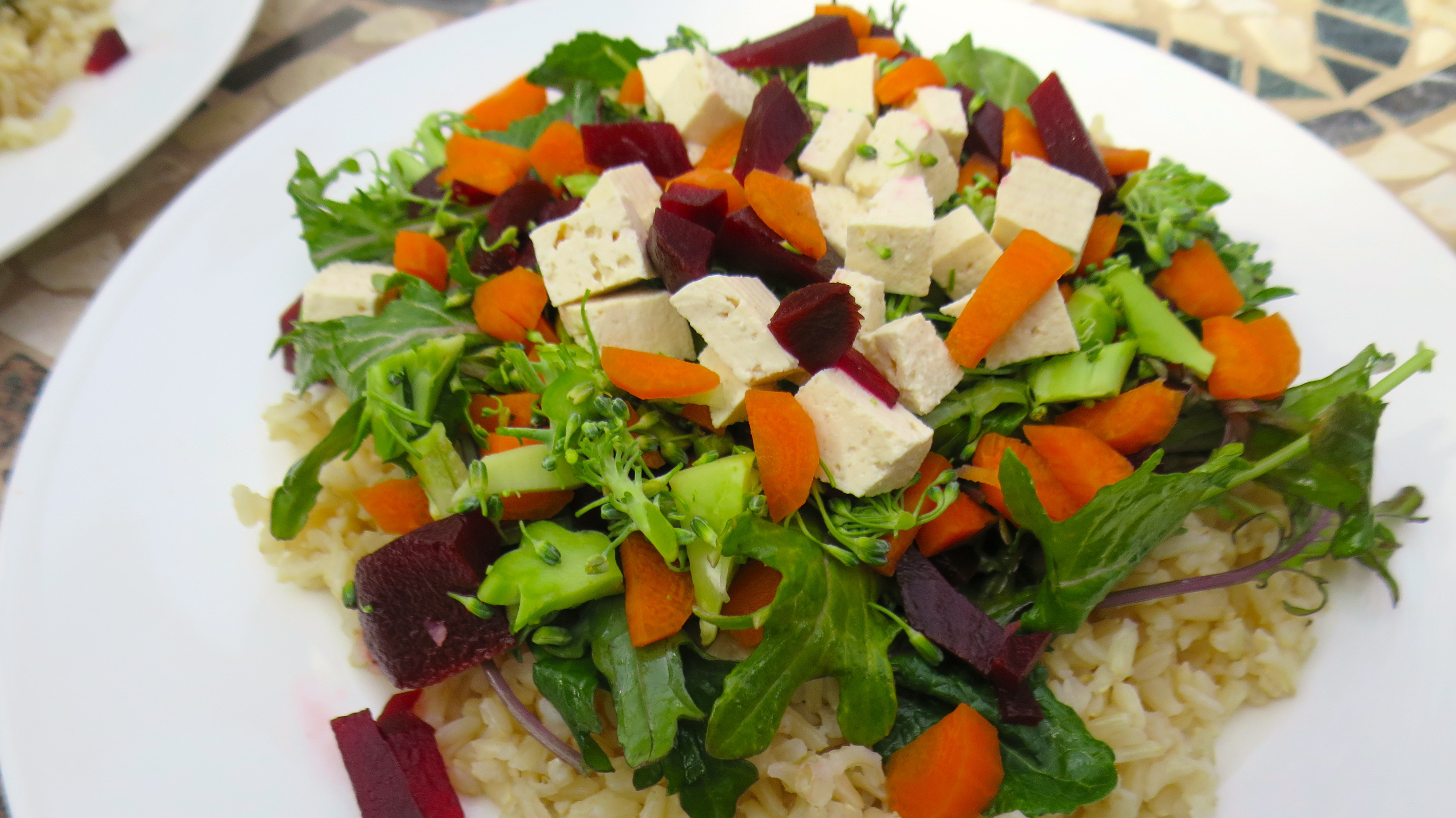 Colorful Veggie Filled Brown Rice with a Ginger-Lemon Dressing Winter Salad