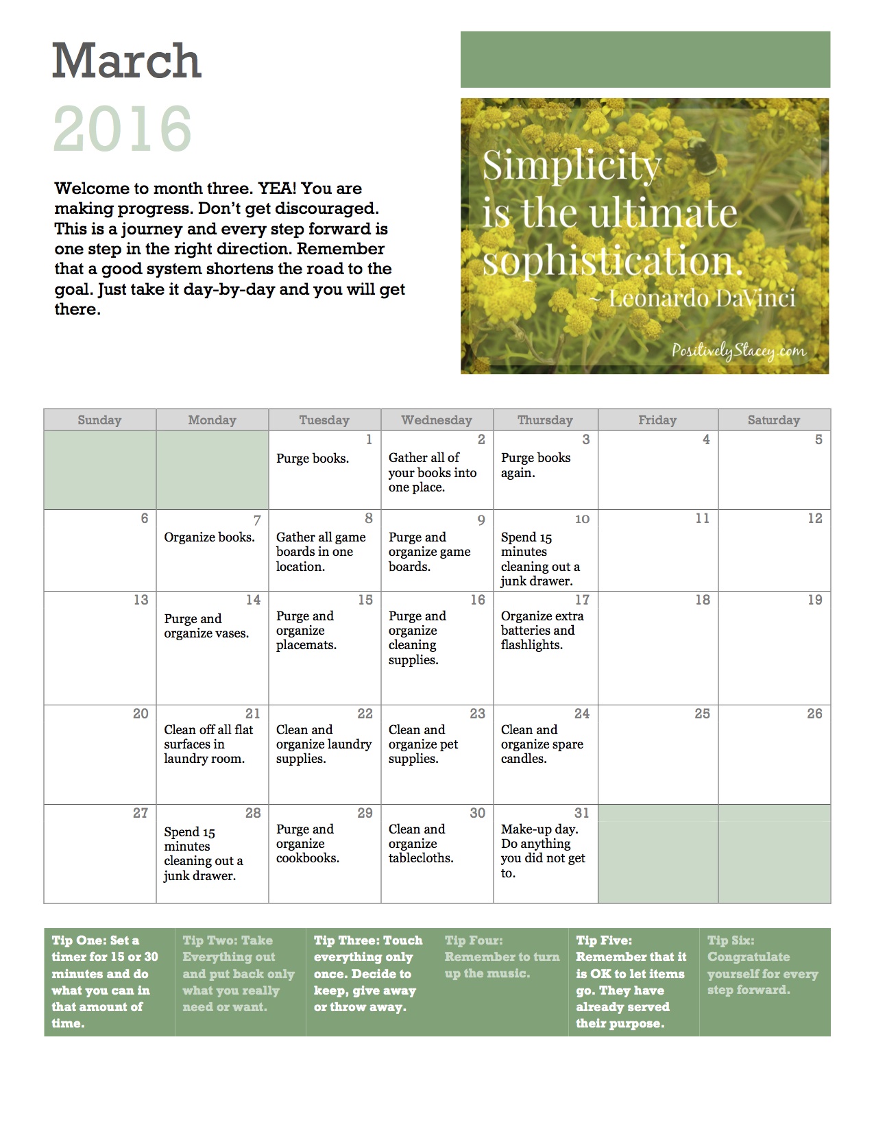 Getting Organized! Home Organization Plan March Calendar