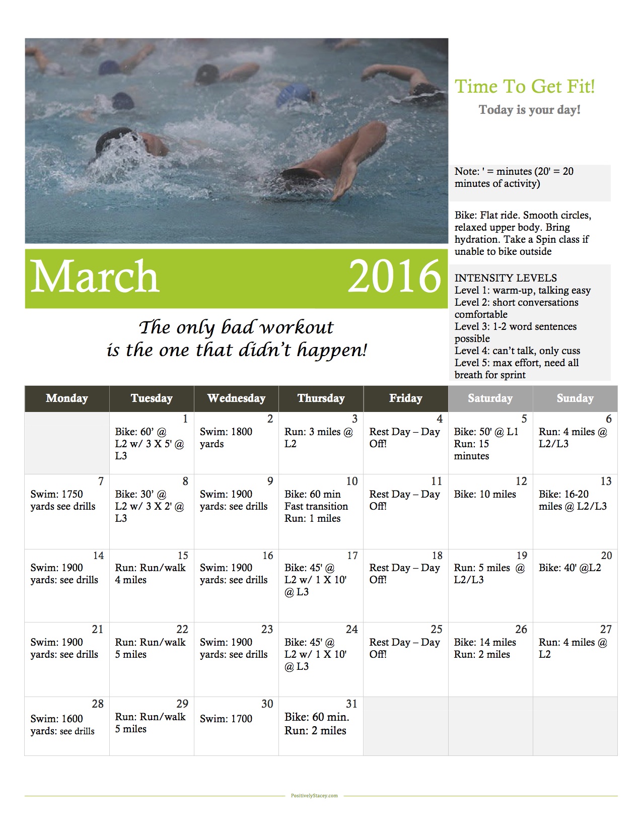 March Beginning Triathlon Training Workout Calendar 
