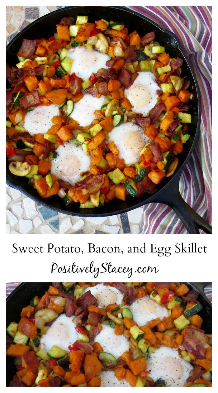 This Sweet Potato, Bacon, and Egg Skillet is simply delicious! It is a little bit sweet, a little bit salty, and a whole lot of yum!