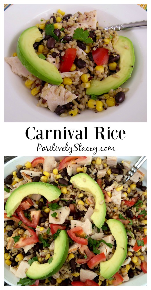 Carnival Rice is a flavorful mix of Uncle Ben's Rice, vegetables, chicken, and a few fresh toppings. A kid friendly recipe!