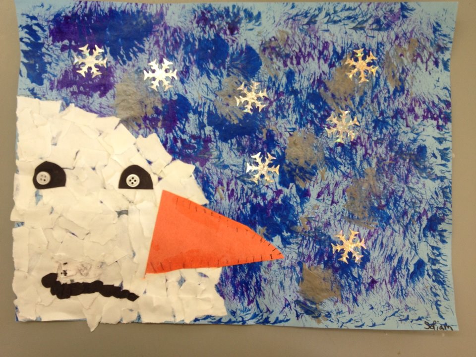 A mixed media snowman collage I made with my first grade art students. 