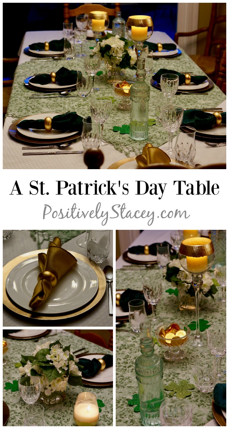 A Saint Patrick's Day table of green, gold, and white with a delicious dinner menu starring Beef and Guinness Stew. Company worthy!
