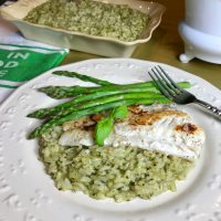 Pan Roasted Cod on Spinach Basil Risotto with Lemon Butter Sauce #SundaySupper