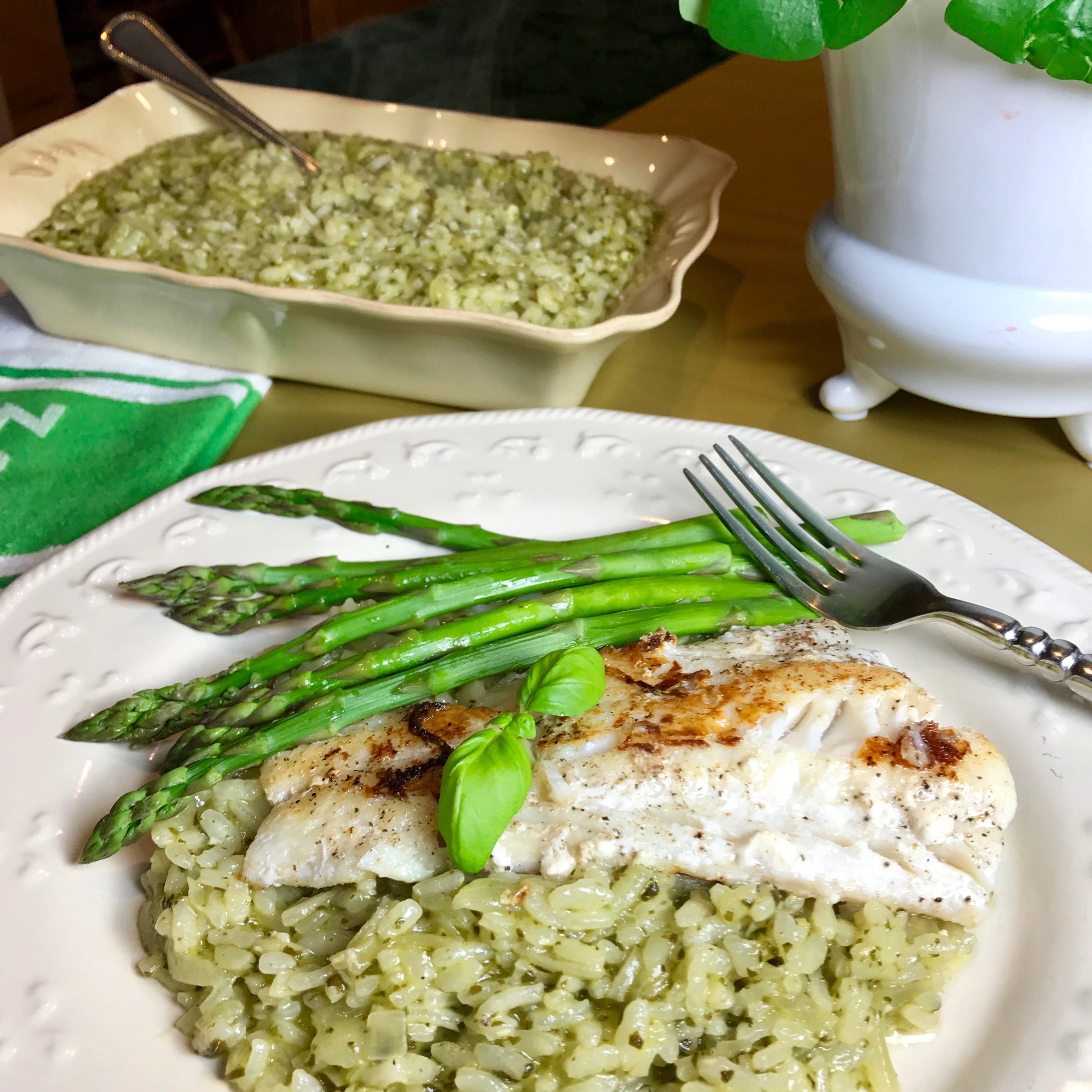 Pan Roasted Cod on Spinach Basil Risotto