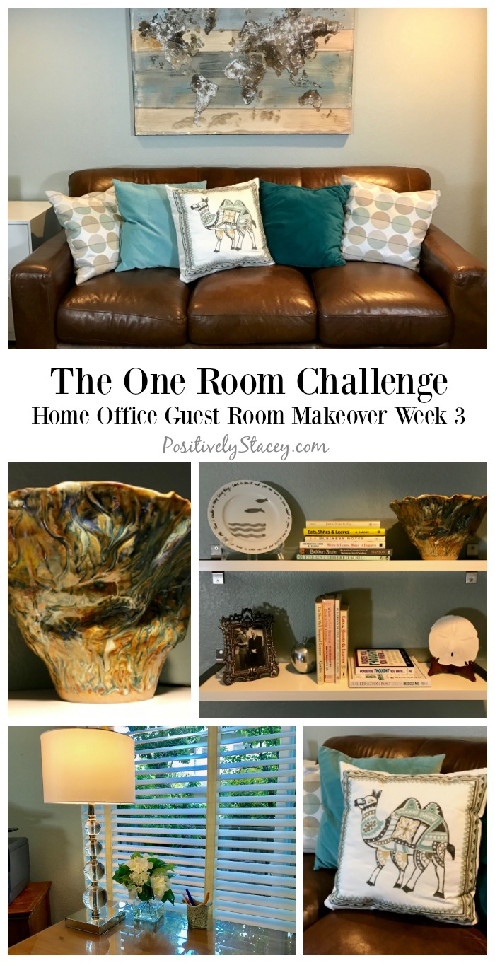 Progress is being made with my One Room Challenge! ORC: The Home Office Guest Room week 3 is about hanging some shelves and adding some decor.