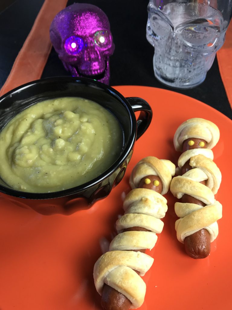 Mummy Wrapped Hot Dogs and Witch's Brew Pea Soup