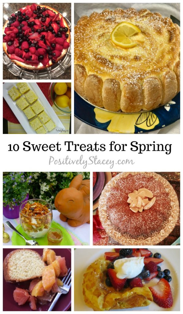 To help usher in spring I am sharing my favorite 10 sweet treats for spring. Here are light lemony delights, fruit filled bites, and simply scrumptious sweet treats!