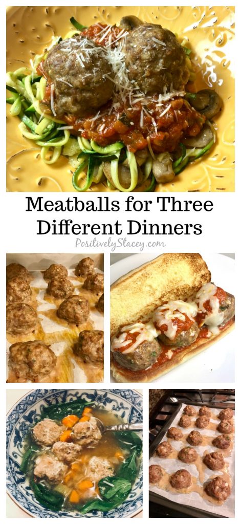 Meal prep is easy when you start with these scrumptious meatballs! It is so easy to put together three different dinners that your family will love. My yummy meatball recipe is made into three different sized meatballs for three different dinners. Prep once and you will have the basis for Meatballs and Zoodles (or spaghetti if you prefer), Meatball Heroes, and Italian Wedding Soup.
