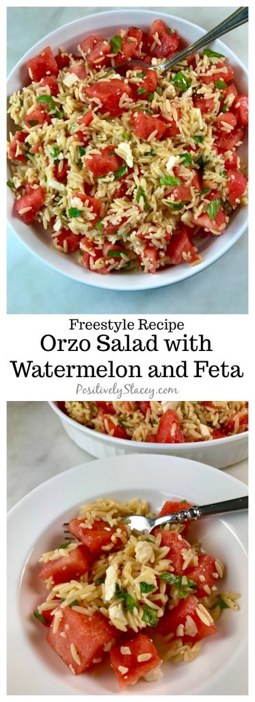 This orzo salad with watermelon and feta is downright delicious! The flavors meld together perfectly - juicy watermelon, tangy feta, and creamy orzo. Plus it is only 5 Weight Watchers Freestyle points per serving! Yum!