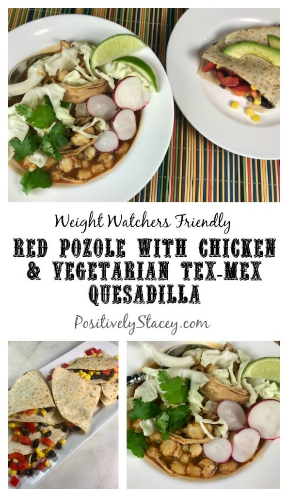 My Mexican take on grilled cheese and a bowl of soup! Introducing tonight’s dinner of red pozole with chicken and a vegetarian Tex-Mex quesadilla. My take on this Mexican soup is a faster and easier version that makes it perfect for a work night. Plus, I’ve made it Weight Watchers friendly - including the quesadilla!